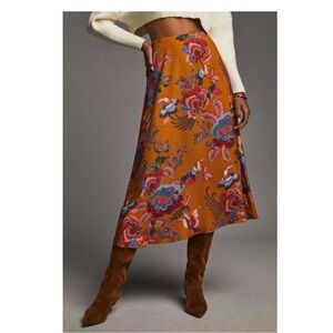 FARM Rio Tobacco Gold Bird & Floral A Line Midi Skirt